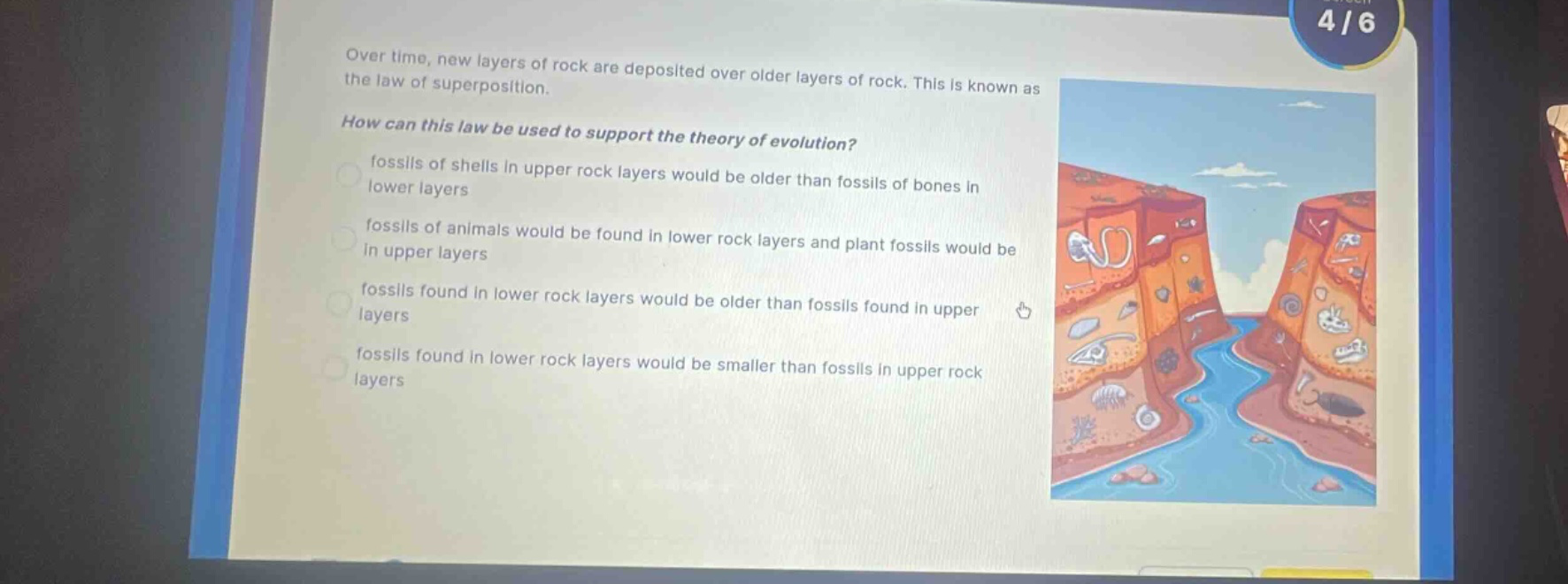 over time, new layers of rock are deposited over older layers of rock. this is known as the law of superposition.\nhow can this law be used to support the theory of evolution?\nfossils of shells in upper rock layers would be older than fossils of bones in lower layers\nfossils of animals would be found in lower rock layers and plant fossils would be in upper layers\nfossils found in lower rock layers would be older than fossils found in upper layers\nfossils found in lower rock layers would be smaller than fossils in upper rock layers