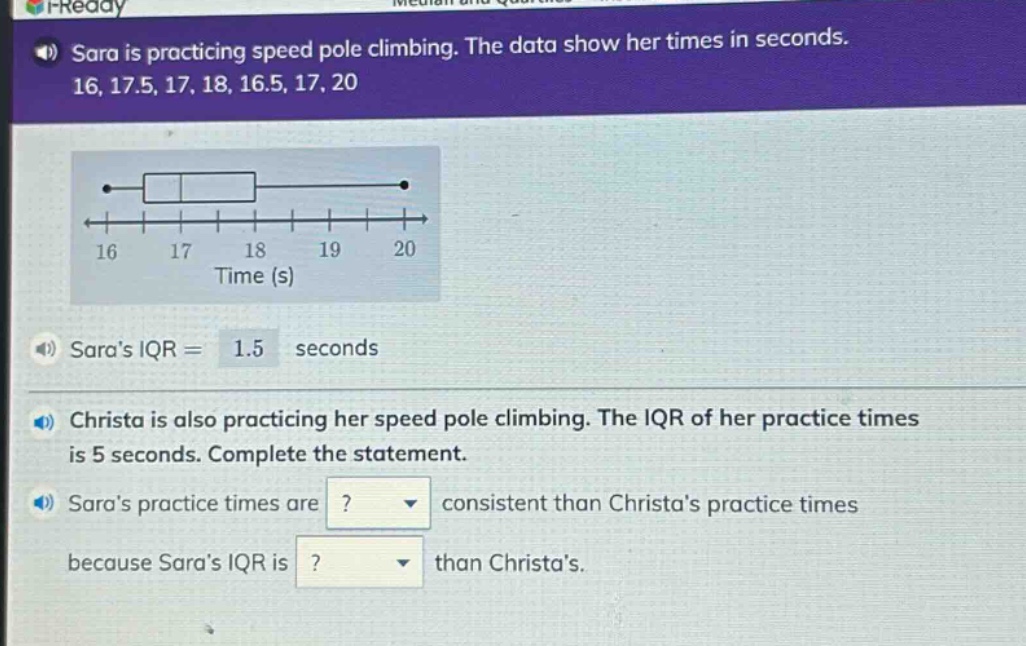 sara is practicing speed pole climbing. the data show her times in seconds. 16, 17.5, 17, 18, 16.5, 17, 20\nsaras iqr = 1.5 seconds\nchrista is also practicing her speed pole climbing. the iqr of her practice times is 5 seconds. complete the statement.\nsaras practice times are? consistent than christas practice times because saras iqr is? than christas.