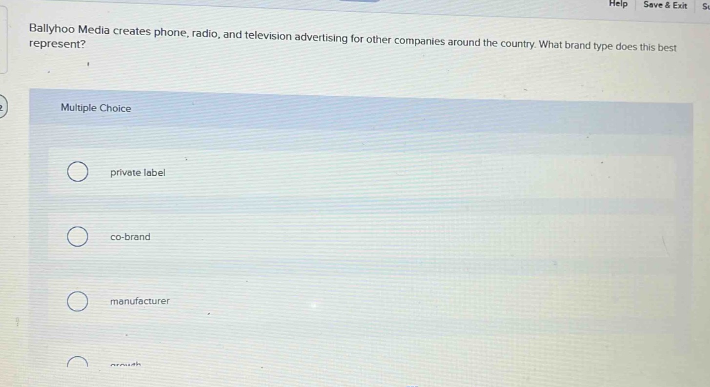 ballyhoo media creates phone, radio, and television advertising for other companies around the country. what brand type does this best represent? multiple choice private label co - brand manufacturer