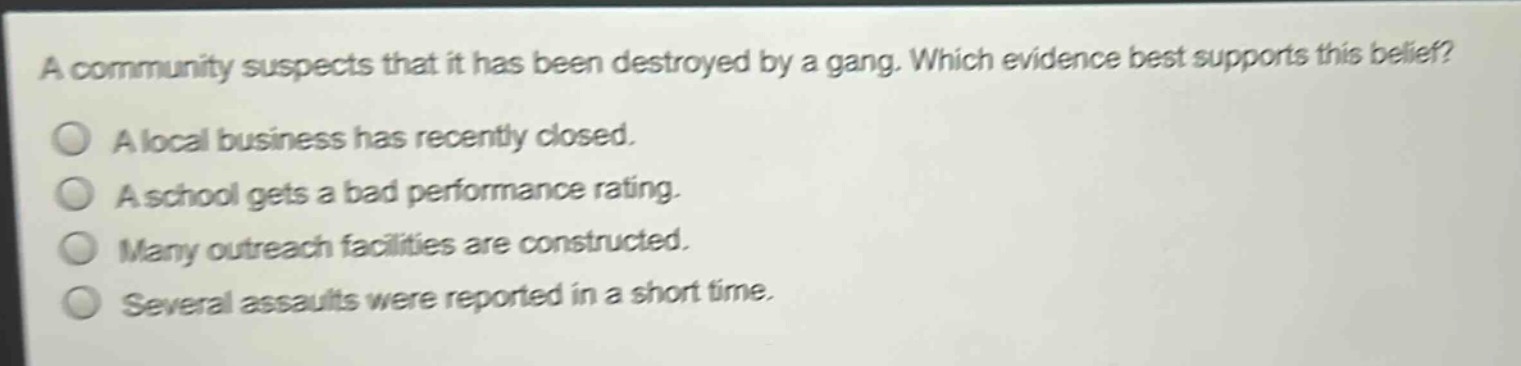 a community suspects that it has been destroyed by a gang. which evidence best supports this belief?\na local business has recently closed.\na school gets a bad performance rating.\nmany outreach facilities are constructed.\nseveral assaults were reported in a short time.