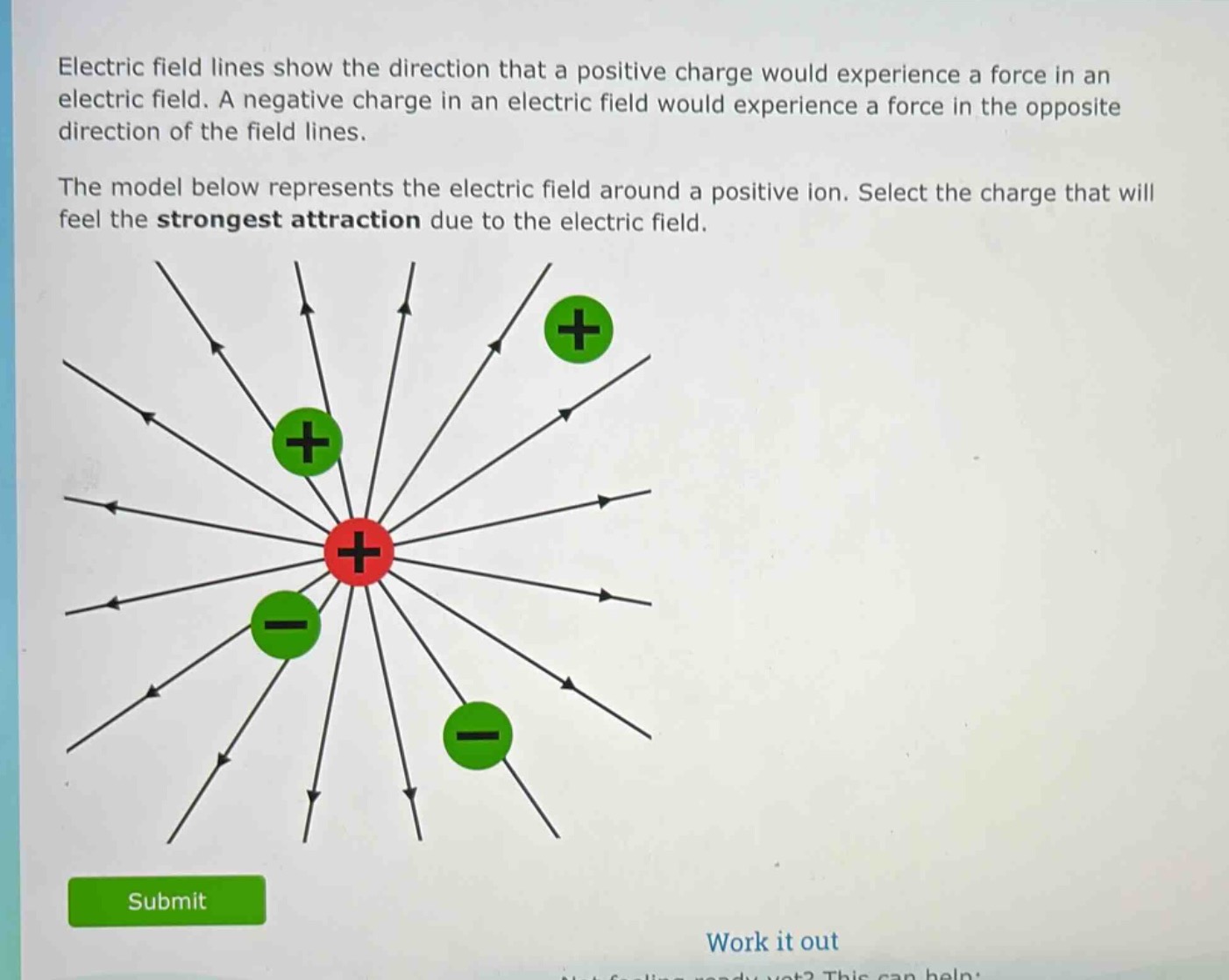 electric field lines show the direction that a positive charge would experience a force in an electric field. a negative charge in an electric field would experience a force in the opposite direction of the field lines.\nthe model below represents the electric field around a positive ion. select the charge that will feel the strongest attraction due to the electric field.