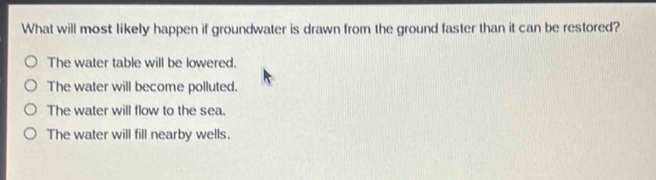 what will most likely happen if groundwater is drawn from the ground faster than it can be restored?\nthe water table will be lowered.\nthe water will become polluted.\nthe water will flow to the sea.\nthe water will fill nearby wells.