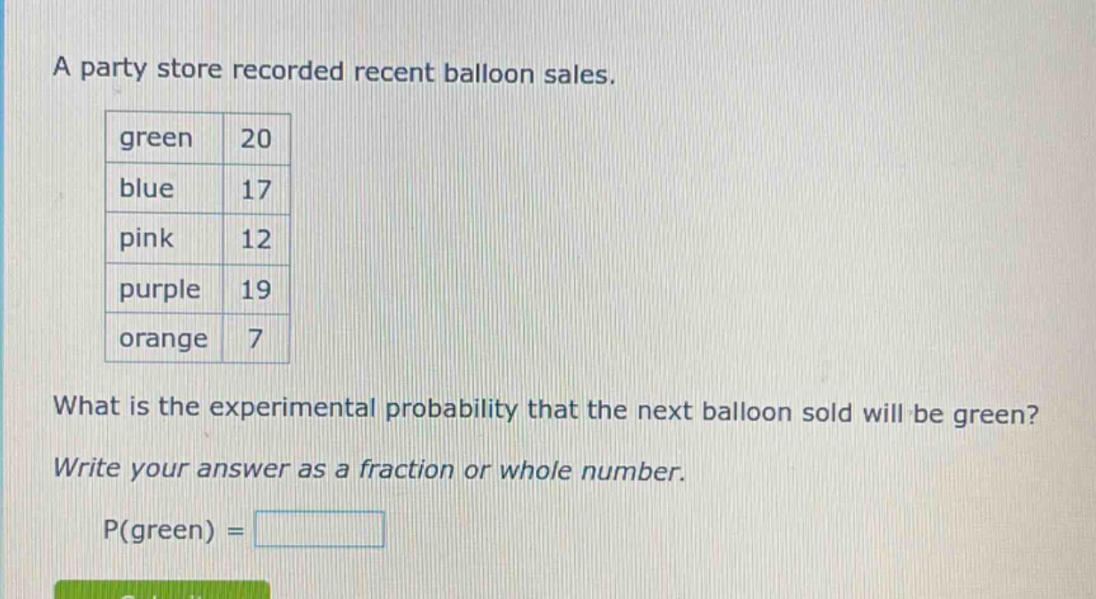 a party store recorded recent balloon sales.\ngreen 20\nblue 17\npink 12\npurple 19\norange 7\nwhat is the experimental probability that the next balloon sold will be green?\nwrite your answer as a fraction or whole number.\np(green) =