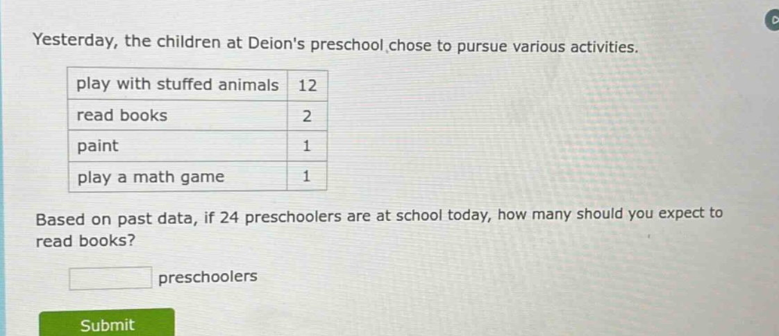 yesterday, the children at deions preschool chose to pursue various activities.\nplay with stuffed animals 12\nread books 2\npaint 1\nplay a math game 1\nbased on past data, if 24 preschoolers are at school today, how many should you expect to read books?\npreschoolers