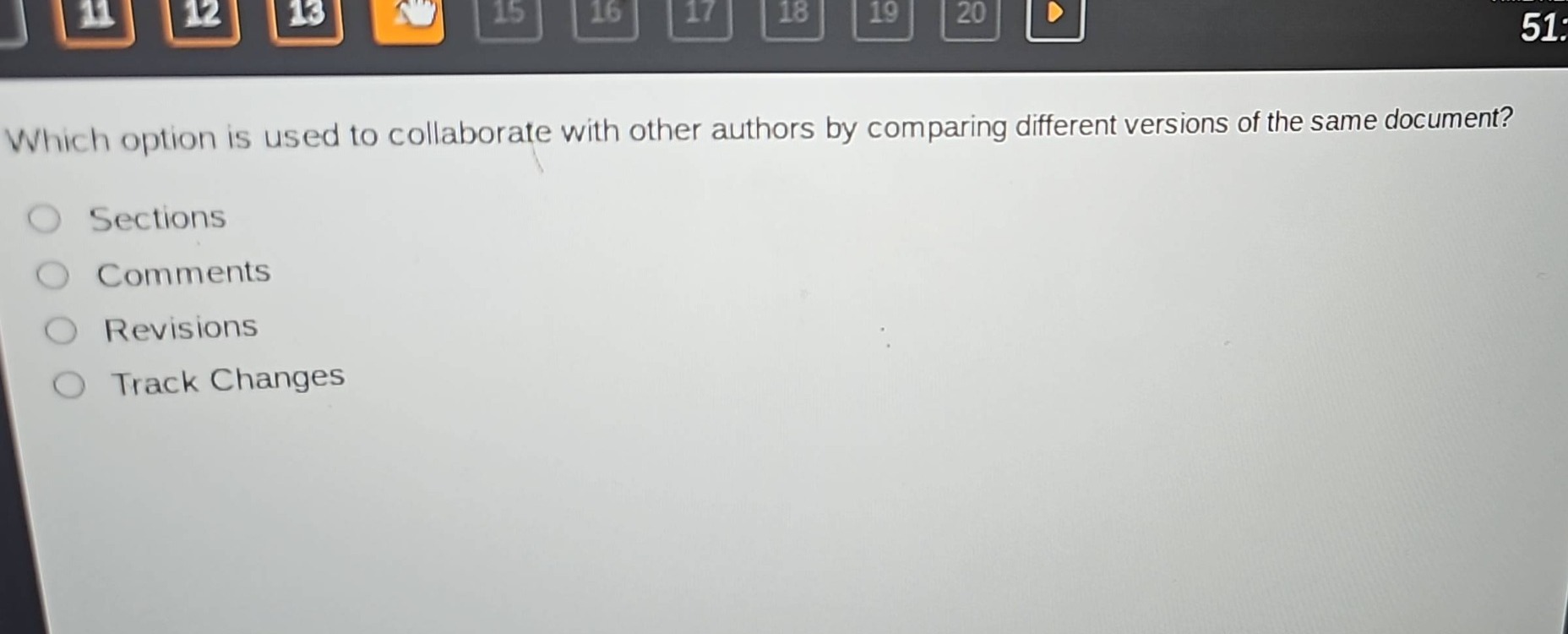 which option is used to collaborate with other authors by comparing different versions of the same document?\nsections\ncomments\nrevisions\ntrack changes