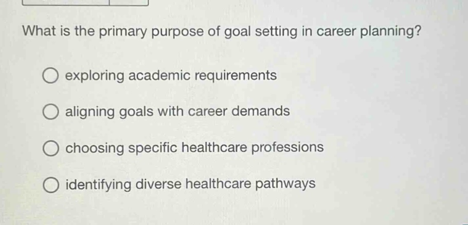 what is the primary purpose of goal setting in career planning?\n○ exploring academic requirements\n○ aligning goals with career demands\n○ choosing specific healthcare professions\n○ identifying diverse healthcare pathways