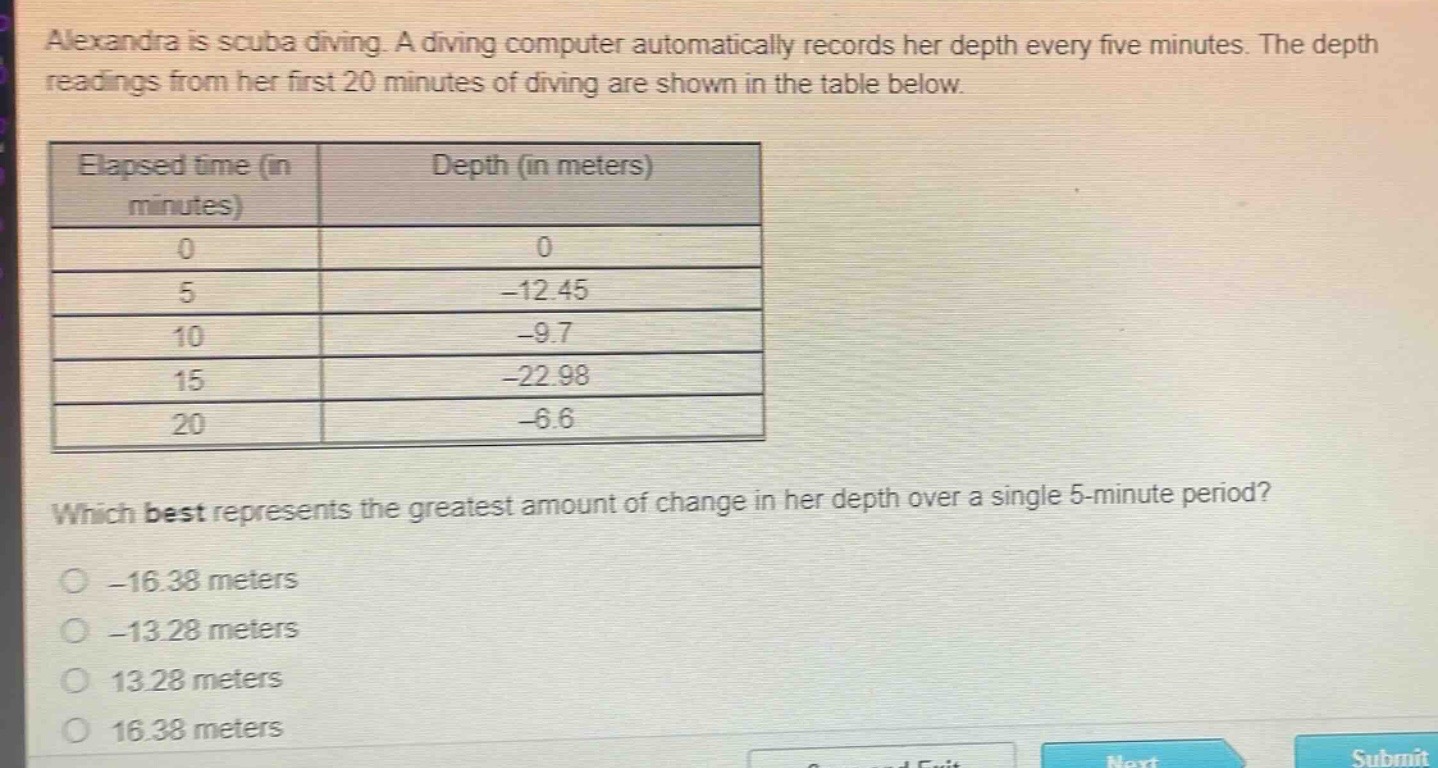 alexandra is scuba diving. a diving computer automatically records her depth every five minutes. the depth readings from her first 20 minutes of diving are shown in the table below.\n| elapsed time (in minutes) | depth (in meters) |\n| ---- | ---- |\n| 0 | 0 |\n| 5 | -12.45 |\n| 10 | -9.7 |\n| 15 | -22.98 |\n| 20 | -6.6 |\nwhich best represents the greatest amount of change in her depth over a single 5 - minute period?\n-16.38 meters\n-13.28 meters\n13.28 meters\n16.38 meters