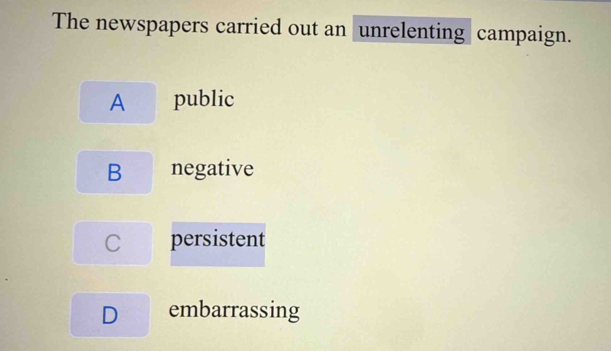 the newspapers carried out an unrelenting campaign.\na public\nb negative\nc persistent\nd embarrassing