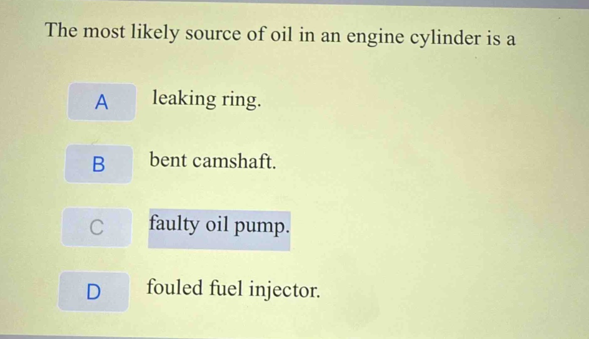 the most likely source of oil in an engine cylinder is a\na leaking ring.\nb bent camshaft.\nc faulty oil pump.\nd fouled fuel injector.