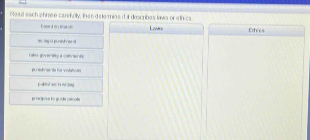 read each phrase carefully, then determine if it describes laws or ethics. based on morals no legal punishment rules governing a community punishments for violations published in writing principles to guide people