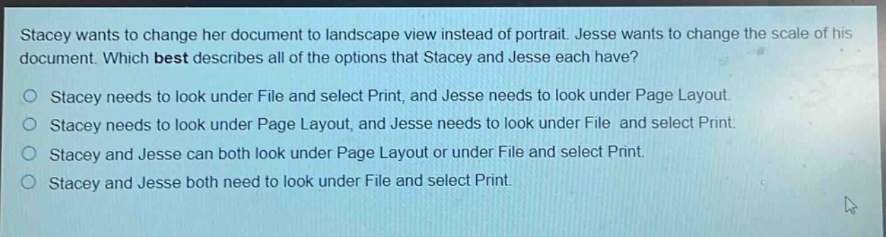stacey wants to change her document to landscape view instead of portrait. jesse wants to change the scale of his document. which best describes all of the options that stacey and jesse each have?\no stacey needs to look under file and select print, and jesse needs to look under page layout.\no stacey needs to look under page layout, and jesse needs to look under file and select print.\no stacey and jesse can both look under page layout or under file and select print.\no stacey and jesse both need to look under file and select print.
