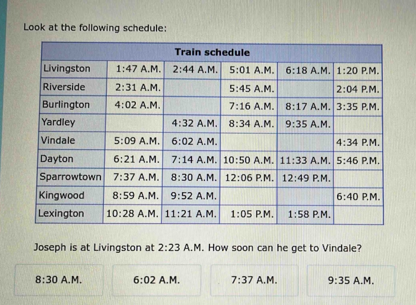 look at the following schedule:\ntrain schedule\nlivingston 1:47 a.m. 2:44 a.m. 5:01 a.m. 6:18 a.m. 1:20 p.m.\nriverside 2:31 a.m. 5:45 a.m. 2:04 p.m.\nburlington 4:02 a.m. 7:16 a.m. 8:17 a.m. 3:35 p.m.\nyardley 4:32 a.m. 8:34 a.m. 9:35 a.m.\nvindale 5:09 a.m. 6:02 a.m. 4:34 p.m.\ndayton 6:21 a.m. 7:14 a.m. 10:50 a.m. 11:33 a.m. 5:46 p.m.\nsparrowtown 7:37 a.m. 8:30 a.m. 12:06 p.m. 12:49 p.m.\nkingwood 8:59 a.m. 9:52 a.m. 6:40 p.m.\nlexington 10:28 a.m. 11:21 a.m. 1:05 p.m. 1:58 p.m.\njoseph is at livingston at 2:23 a.m. how soon can he get to vindale?\n8:30 a.m. 6:02 a.m. 7:37 a.m. 9:35 a.m.