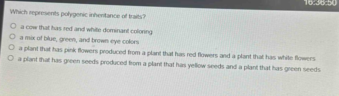 which represents polygenic inheritance of traits?\n○ a cow that has red and white dominant coloring\n○ a mix of blue, green, and brown eye colors\n○ a plant that has pink flowers produced from a plant that has red flowers and a plant that has white flowers\n○ a plant that has green seeds produced from a plant that has yellow seeds and a plant that has green seeds