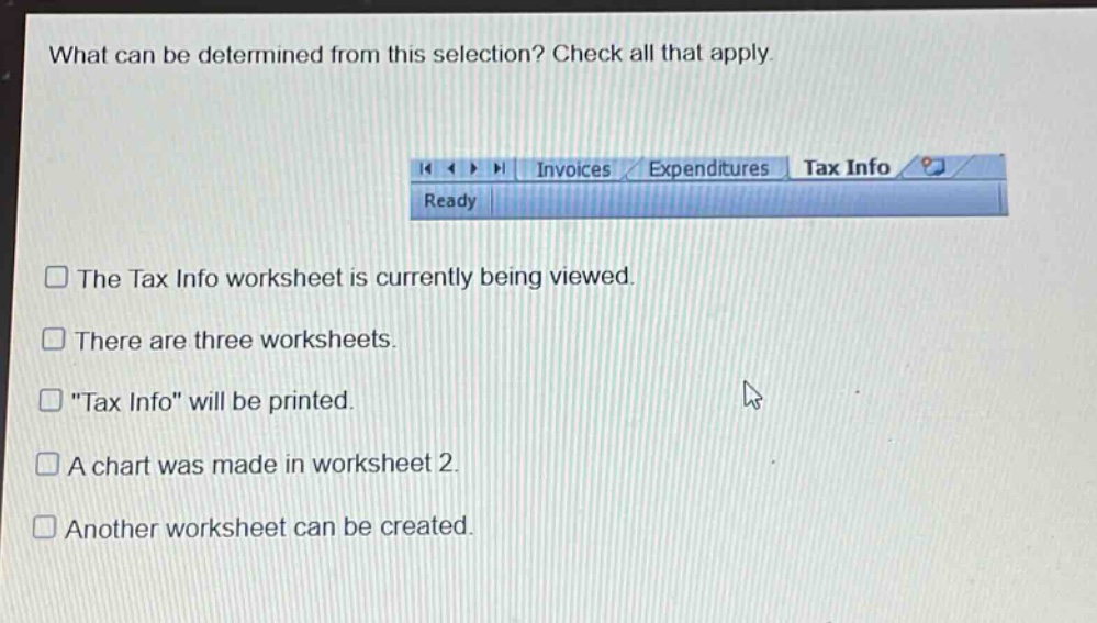 what can be determined from this selection? check all that apply.\n\nthe tax info worksheet is currently being viewed.\nthere are three worksheets.\n\tax info\ will be printed.\na chart was made in worksheet 2.\nanother worksheet can be created.