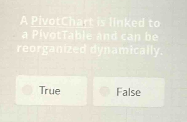 a pivotchart is linked to a pivottable and can be reorganized dynamically. true false