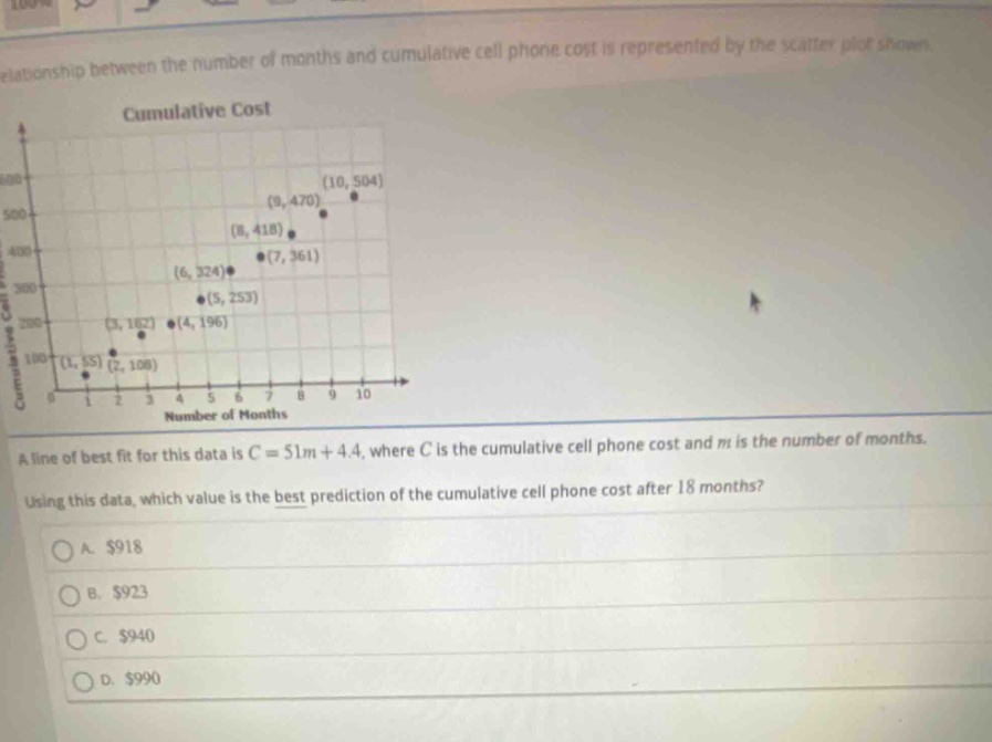 the relationship between the number of months and cumulative cell - phone cost is represented by the scatter plot shown.\na line of best fit for this data is $c = 51m+4.4$, where $c$ is the cumulative cell phone cost and $m$ is the number of months.\nusing this data, which value is the best prediction of the cumulative cell phone cost after 18 months?\na. $918\nb. $923\nc. $940\nd. $990