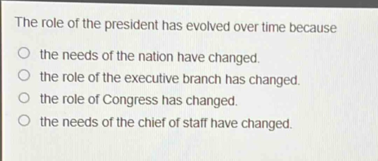 the role of the president has evolved over time because\nthe needs of the nation have changed.\nthe role of the executive branch has changed.\nthe role of congress has changed.\nthe needs of the chief of staff have changed.