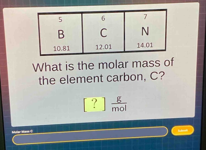 what is the molar mass of the element carbon, c?\n? $\frac{g}{mol}$