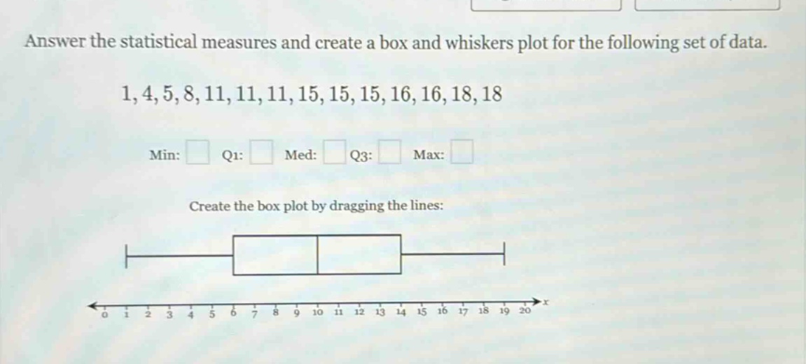 answer the statistical measures and create a box and whiskers plot for the following set of data. 1,4,5,8,11,11,11,15,15,15,16,16,18,18 min: q1: med: q3: max: create the box plot by dragging the lines: