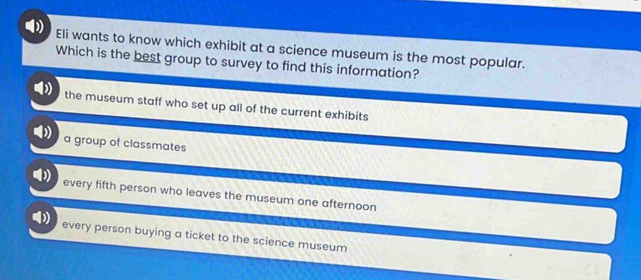 eli wants to know which exhibit at a science museum is the most popular. which is the best group to survey to find this information? the museum staff who set up all of the current exhibits a group of classmates every fifth person who leaves the museum one afternoon every person buying a ticket to the science museum