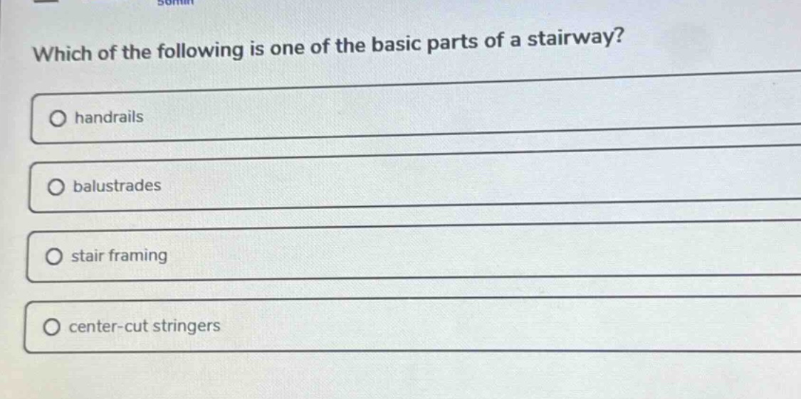 which of the following is one of the basic parts of a stairway?\n○ handrails\n○ balustrades\n○ stair framing\n○ center - cut stringers