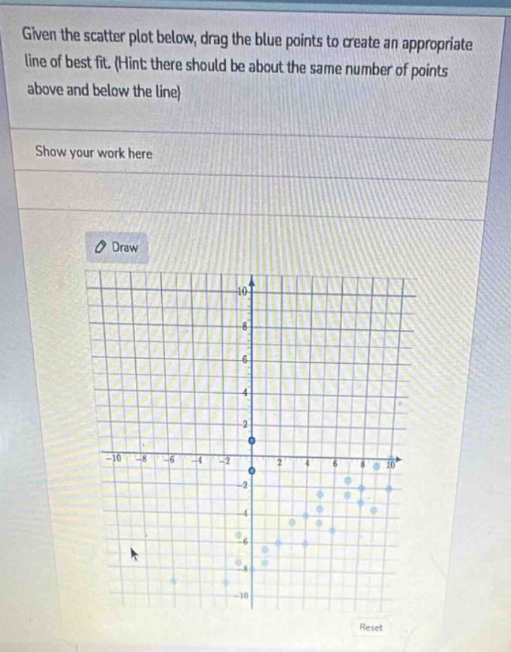 given the scatter plot below, drag the blue points to create an appropriate line of best fit. (hint: there should be about the same number of points above and below the line)\nshow your work here\ndraw