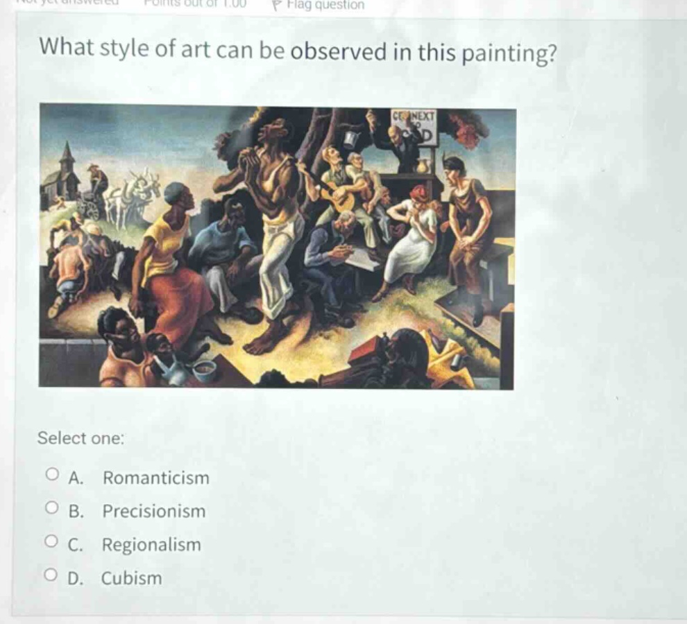 what style of art can be observed in this painting? select one: a. romanticism b. precisionism c. regionalism d. cubism