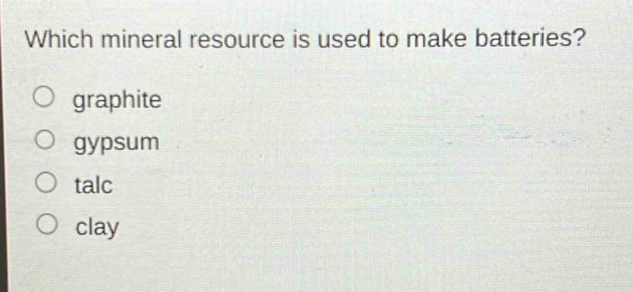 which mineral resource is used to make batteries?\n○ graphite\n○ gypsum\n○ talc\n○ clay