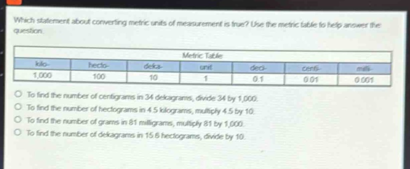 which statement about converting metric units of measurement is true? use the metric table to help answer the question. metric table kilo- hecto- deka- unit deci- centi- milli- 1,000 100 10 1 0.1 0.01 0.001 to find the number of centigrams in 34 dekagrams, divide 34 by 1,000. to find the number of hectograms in 4.5 kilograms, multiply 4.5 by 10. to find the number of grams in 81 milligrams, multiply 81 by 1,000. to find the number of dekagrams in 15.6 hectograms, divide by 10.