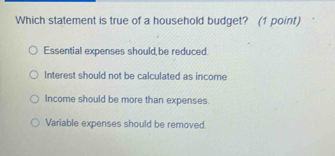 which statement is true of a household budget? (1 point)\n○ essential expenses should be reduced.\n○ interest should not be calculated as income\n○ income should be more than expenses.\n○ variable expenses should be removed.