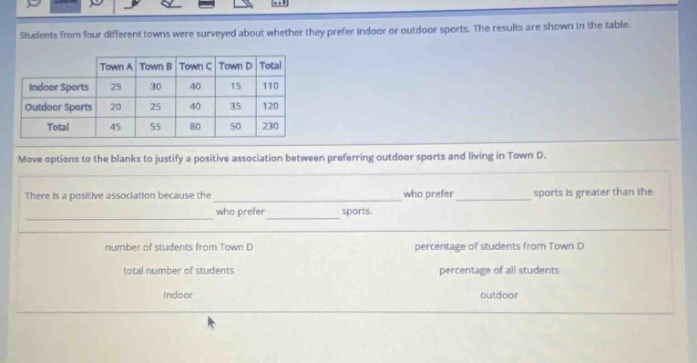 students from four different towns were surveyed about whether they prefer indoor or outdoor sports. the results are shown in the table.\n| |town a|town b|town c|town d|total|\n|--|--|--|--|--|--|\n|indoor sports|25|30|40|15|110|\n|outdoor sports|20|25|40|35|120|\n|total|45|55|80|50|230|\nmove options to the blanks to justify a positive association between preferring outdoor sports and living in town d.\nthere is a positive association because the ______ who prefer ______ sports is greater than the ______ who prefer ______ sports.\nnumber of students from town d, percentage of students from town d, total number of students, percentage of all students, indoor, outdoor