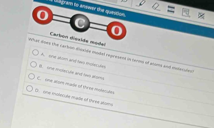carbon dioxide model\nwhat does the carbon dioxide model represent in terms of atoms and molecules?\na. one atom and two molecules\nb. one molecule and two atoms\nc. one atom made of three molecules\nd. one molecule made of three atoms