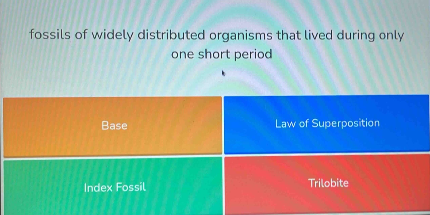 fossils of widely distributed organisms that lived during only one short period\nbase\nlaw of superposition\nindex fossil\ntrilobite