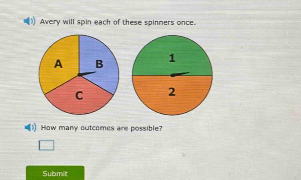 avery will spin each of these spinners once. how many outcomes are possible?