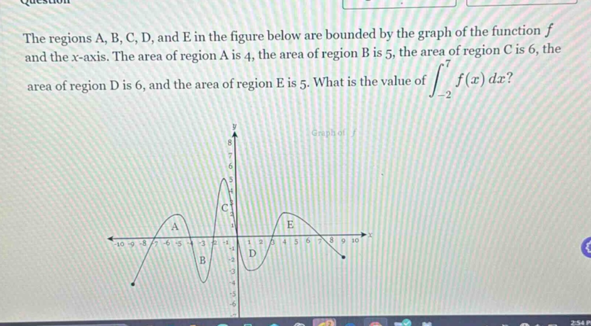 the regions a, b, c, d, and e in the figure below are bounded by the graph of the function f and the x - axis. the area of region a is 4, the area of region b is 5, the area of region c is 6, the area of region d is 6, and the area of region e is 5. what is the value of $int_{-2}^{7}f(x)dx$?