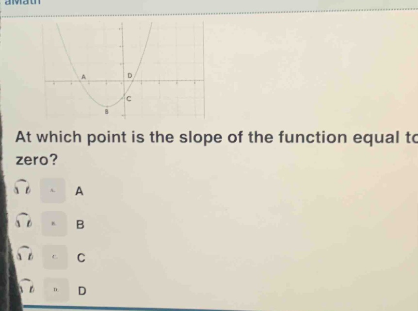 at which point is the slope of the function equal to zero? a. a b. b c. c d. d