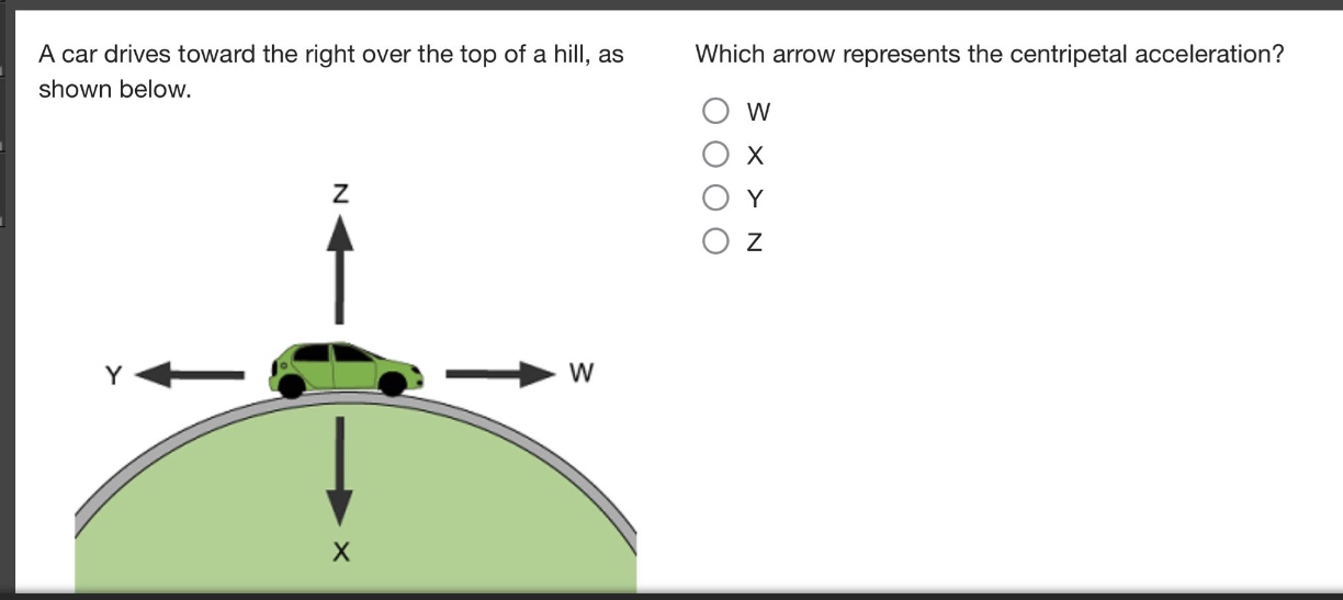 a car drives toward the right over the top of a hill, as shown below. which arrow represents the centripetal acceleration? o w o x o y o z