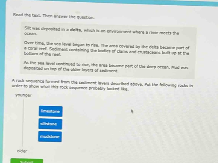 read the text. then answer the question. silt was deposited in a delta, which is an environment where a river meets the ocean. over time, the sea level began to rise. the area covered by the delta became part of a coral reef. sediment containing the bodies of clams and crustaceans built up at the bottom of the reef. as the sea level continued to rise, the area became part of the deep ocean. mud was deposited on top of the older layers of sediment. a rock sequence formed from the sediment layers described above. put the following rocks in order to show what this rock sequence probably looked like. younger limestone siltstone mudstone older