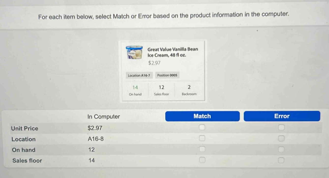 for each item below, select match or error based on the product information in the computer.\ngreat value vanilla bean ice cream, 48 fl oz.\n$2.97\nlocation a16 - 7 position 0005\n14 on hand 12 sales floor 2 backroom\nin computer match error\nunit price $2.97\nlocation a16 - 8\non hand 12\nsales floor 14