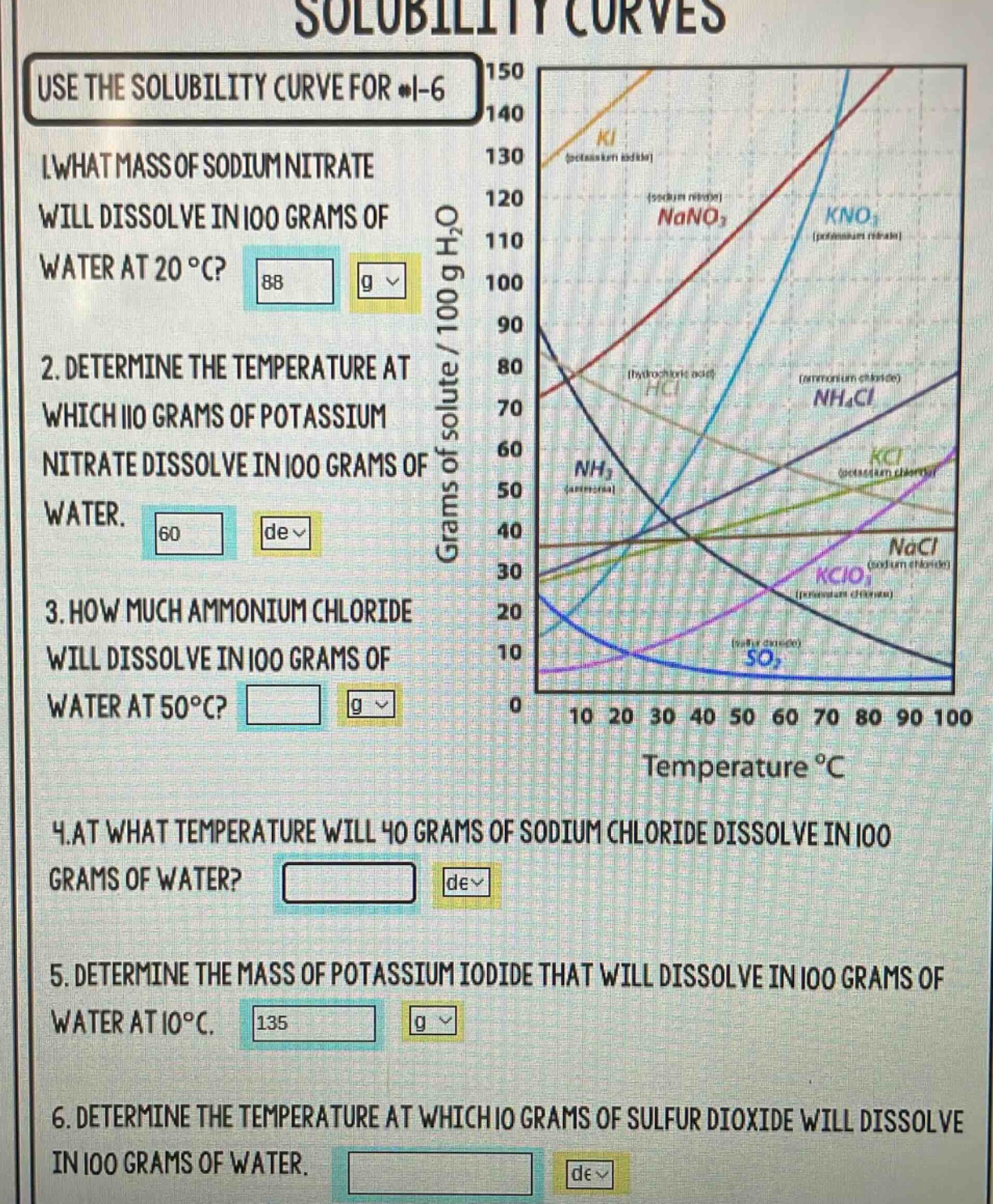 solubility curves\nuse the solubility curve for #1 - 6\n1. what mass of sodium nitrate will dissolve in 100 grams of water at 20 °c?\n2. determine the temperature at which 110 grams of potassium nitrate dissolve in 100 grams of water.\n3. how much ammonium chloride will dissolve in 100 grams of water at 50°c?\n4. at what temperature will 40 grams of sodium chloride dissolve in 100 grams of water?\n5. determine the mass of potassium iodide that will dissolve in 100 grams of water at 10°c.\n6. determine the temperature at which 10 grams of sulfur dioxide will dissolve in 100 grams of water.