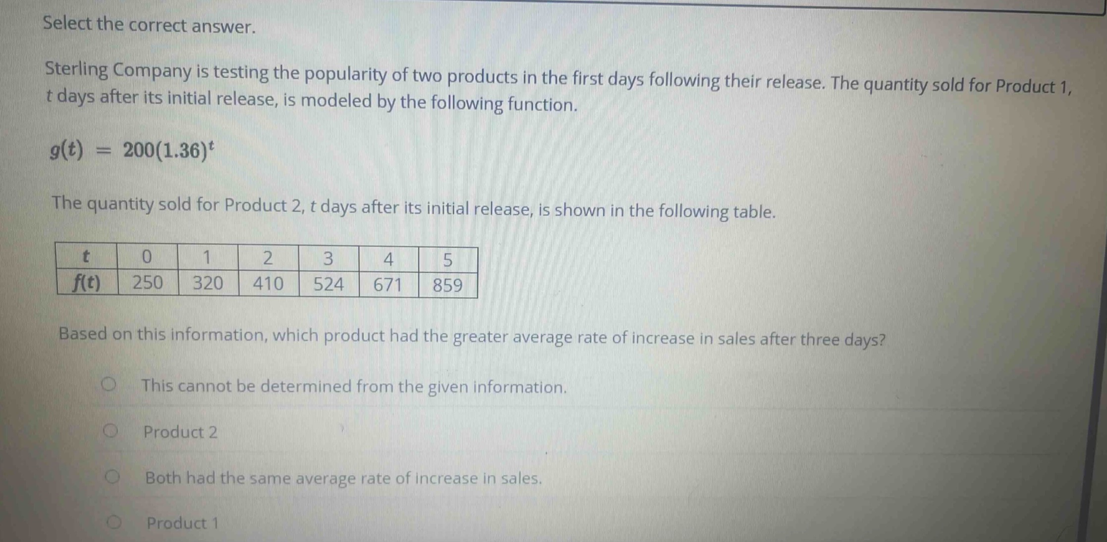 select the correct answer.\nsterling company is testing the popularity of two products in the first days following their release. the quantity sold for product 1, t days after its initial release, is modeled by the following function.\ng(t)=200(1.36)^t\nthe quantity sold for product 2, t days after its initial release, is shown in the following table.\n|t|0|1|2|3|4|5|\n|f(t)|250|320|410|524|671|859|\nbased on this information, which product had the greater average rate of increase in sales after three days?\nthis cannot be determined from the given information.\nproduct 2\nboth had the same average rate of increase in sales.\nproduct 1