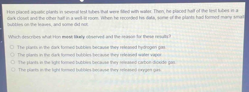hon placed aquatic plants in several test tubes that were filled with water. then, he placed half of the test tubes in a dark closet and the other half in a well - lit room. when he recorded his data, some of the plants had formed many small bubbles on the leaves, and some did not. which describes what hon most likely observed and the reason for these results? the plants in the dark formed bubbles because they released hydrogen gas. the plants in the dark formed bubbles because they released water vapor. the plants in the light formed bubbles because they released carbon dioxide gas. the plants in the light formed bubbles because they released oxygen gas.