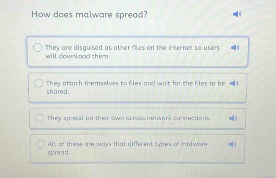 how does malware spread?\nthey are disguised as other files on the internet so users will download them.\nthey attach themselves to files and wait for the files to be shared.\nthey spread on their own across network connections.\nall of these are ways that different types of malware spread.