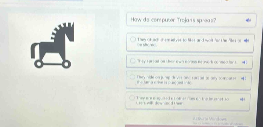 how do computer trojans spread? they attach themselves to files and wait for the files to be shared. they spread on their own across network connections. they hide on jump drives and spread to any computer the jump drive is plugged into. they are disguised as other files on the internet so users will download them.