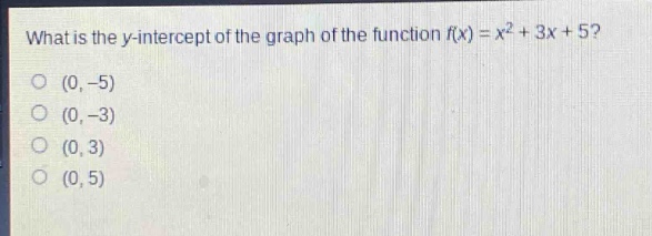 what is the y - intercept of the graph of the function (f(x)=x^{2}+3x + 5)?\n(0, - 5)\n(0, - 3)\n(0, 3)\n(0, 5)