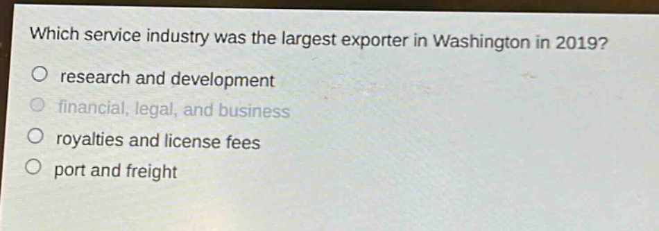 which service industry was the largest exporter in washington in 2019?\no research and development\no financial, legal, and business\no royalties and license fees\no port and freight