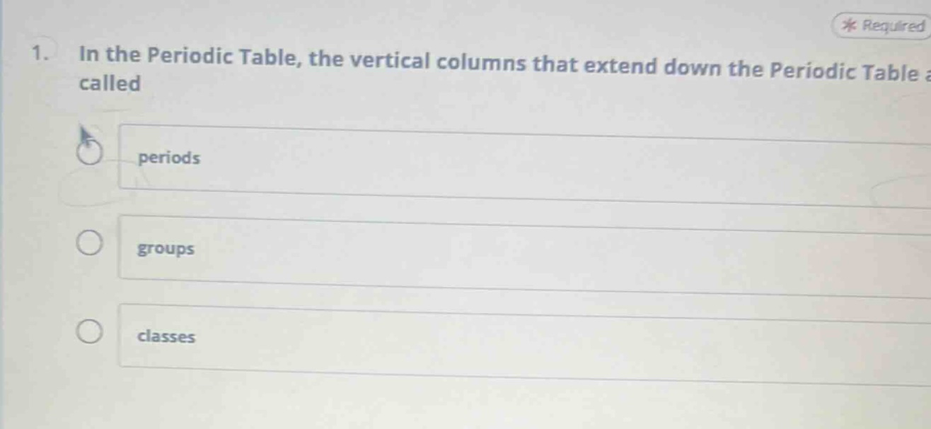 1. in the periodic table, the vertical columns that extend down the periodic table are called\nperiods\ngroups\nclasses
