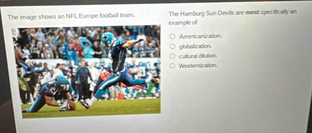the image shows an nfl europe football team. the hamburg sun devils are most specifically an example of\namericanization.\nglobalization.\ncultural dilution.\nwesternization.