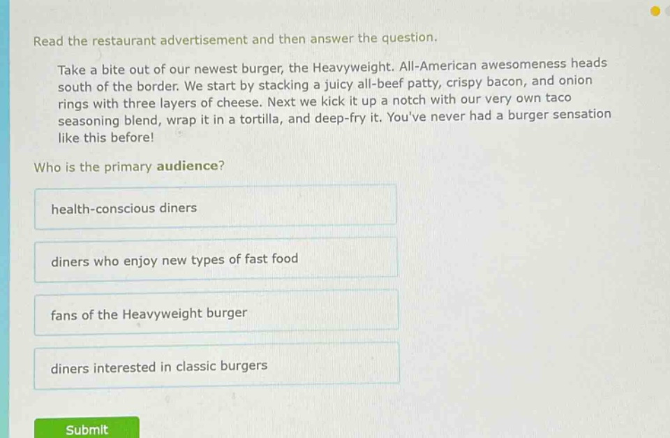 read the restaurant advertisement and then answer the question. take a bite out of our newest burger, the heavyweight. all - american awesomeness heads south of the border. we start by stacking a juicy all - beef patty, crispy bacon, and onion rings with three layers of cheese. next we kick it up a notch with our very own taco seasoning blend, wrap it in a tortilla, and deep - fry it. youve never had a burger sensation like this before! who is the primary audience? health - conscious diners diners who enjoy new types of fast food fans of the heavyweight burger diners interested in classic burgers
