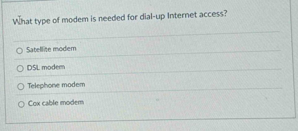 what type of modem is needed for dial - up internet access?\nsatellite modem\ndsl modem\ntelephone modem\ncox cable modem